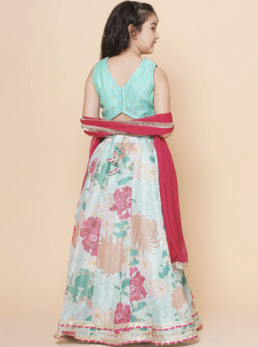 Turquoise - Floral Printed Lehenga & Blouse With Dupatta - Image 3